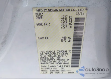 2016 Nissan Altima 2.5 Sr z USA, uszkodzony, nr VIN 1N4AL3AP0GC142761